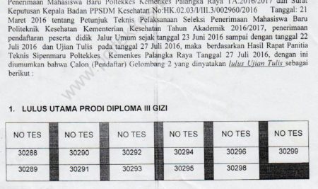 Pengumuman Hasil Ujian Tertulis (UTUL) Gelombang 2 SIPENMARU Poltekkes Kemenkes Palangka Raya Tahun Ajaran 2016/ 2017 Jalur Umum